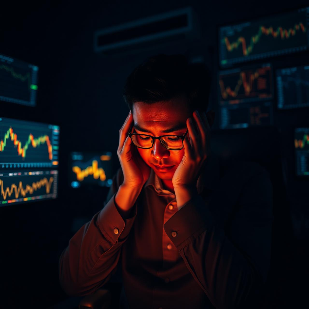 Stressed trader staring at multiple charts at night